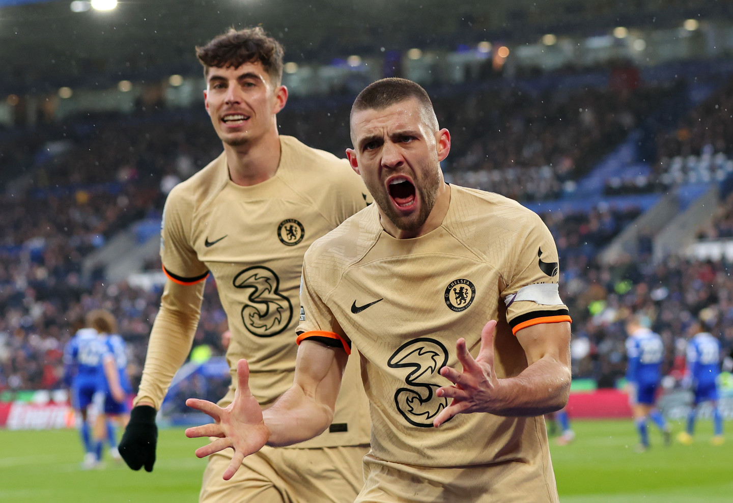 Chelsea's Mateo Kovacic celebrating his goal against Leicester with Kai Havertz