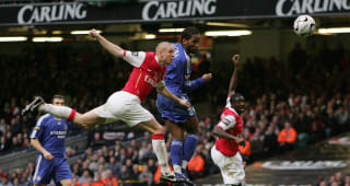 Didier Drogba heads home his second goal during the Carling Cup Final match between Chelsea and Arsenal at the Millennium Stadium on February 25, 2007 in Cardiff