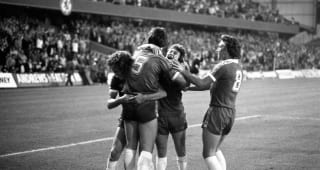 Micky Droy and team mates celebrate during the League Cup Round 2 Second leg between Chelsea and Cardiff at Stamford Bridge on September 3, 1980 