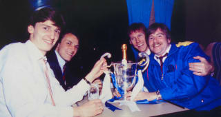 Thursday March 23rd 1986. Colin Pates, John Bumstead, Doug Rougvie and Club Photographer Hugh Hastings on the team coach after the game.