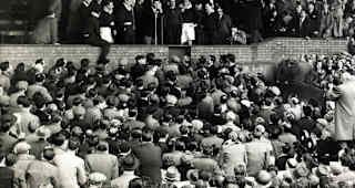 25th April 1955, Chelsea Manager Ted Drake speaks to the large crowd after Chelsea had clinched the League Championship after beating Sheffield Wednesday at Stamford Bridge  