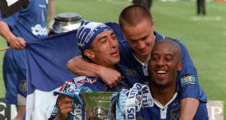 Football, 1997 FA Cup Final, Wembley, 17th May, 1997, Chelsea 2 v Middlesbrough 0, Chelsea goalscorers Roberto Di Matteo and Eddie Newton are hugged by captain Dennis Wise as they celebrate with the trophy after the match 