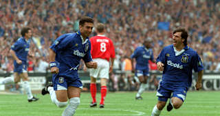  17th May, 1997. Chelsea 2 v Middlesbrough 0. Roberto Di Matteo races away to celebrate after scoring the game's opening goal in the first minute, the quickest goal in Cup Final history.  1997 FA Cup Final. Wembley.