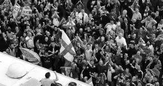  Chelsea fans celebrate winning the league title around the team coach with Frank Lampard  on top of the coach after the Premier League match between Bolton Wanderers and Chelsea held on April 30, 2005 at the Reebok Stadium. Chelsea won the match 2-0 securing the league championship title. 