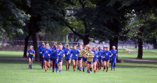 circa 1986, Chelsea squad jogging in the park