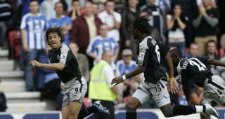 Friday JANUARY 01: Hernan Crespo celebrates his winning goal against Wigan Athletic