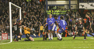 APRIL 6TH  2005. Didier Drogba scores during the Chelsea v Bayern Munich, UEFA Champions League Quarter-final First Leg at Stamford Bridge, the game in a 4-2 win for Chelsea 