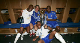 APRIL 29 2006:  William Gallas, Hernan Crespo, Didier Drogba and Geremi celebrate post-match after Chelsea won the Barclays Premiership following the match between Chelsea and Manchester United at Stamford Bridge, on April 29th 2006. Chelsea won 3-0. 