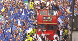  MAY 18, 1997:  Chelsea players and fans celebrate victory during an open top bus parade celebrating the club winning the 1997 FA Cup Final between Chelsea and Middlesbrough 2-0 held on May 18, 1997. 