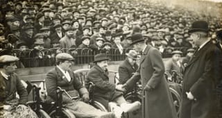 Wednesday King George V shaking hands with World War One veterans prior to the football match between Chelsea and Tottenham Hotspur at Stamford Bridge in on 16th October 1920. Tottenham Hotspur won 4-0.