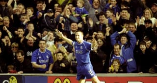 11 Mar 2000:  Dennis Wise celebrates his goal against Everton during the Premier League match at Stamford Bridge in London. The game ended 1-1. \ 