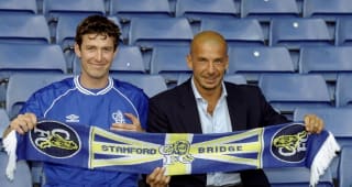 5 Jul 1999:  Chris Sutton the former Blackburn Rovers player and his new manager Gianluca Vialli hold up the new club scarf after Chris Sutton signed for the club during the photo-shoot held in Chelsea. \ 