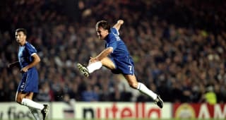 Wednesday 3 Nov 1999: Didier Deschamps scores first goal against Hertha Berlin during the UEFA Champions League Group H match played at Stamford Bridge in London. Chelsea won the game 2-0 to top the group. \