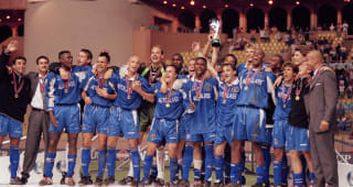 Chelsea celebrate with the trophy after their 1-0 victory over Real Madrid in the UEFA Super Cup Final played in Monaco, 28th August 1998. Left-right: Roberto di Matteo, Steve Clarke, Marcel Desailly, Kevin Hitchcock, Gustavo Poyet, Frank Leboeuf, Ed de Goey, Dennis Wise, Graeme Le Saux, Celestine Babayaro, Pierluigi Casiraghi, Albert Ferrer, Tore Andre Flo, Michael Duberry, Eddie Newton, Gianfranco Zola, Brian Laudrup, Gianluca Vialli.  