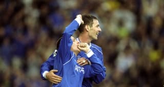 Thursday 03 Oct 1999: Jody Morris and Chris Sutton celebrate during the Chelsea v Manchester United, FA Carling Premier League match played at Stamford Bridge. The game finished in a 5-0 win for Chelsea. \