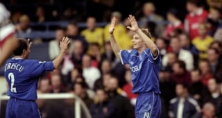 23 Oct 1999:  Tore Andre Flo celebrates his goal with team mate Dan Petrescu during the FA Carling Premier League match against Arsenal played at Stamford Bridge. The game finished in 3-2 win for Arsenal.  \ 