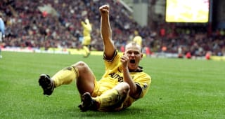 21 Mar 1999:  Bjarne Goldbaek celebrates a goal against Aston Villa in the Premier League match at Villa Park in Birmingham, England. Chelsea won 3-0. \ 
