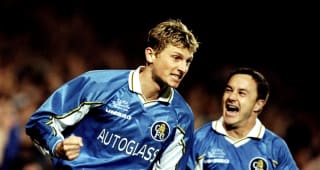 8 Apr 1999:  Tore Andre Flo celebrates his goal with team mate Dennis Wise in the European Cup Winners Cup semi-final first leg match against Real Mallorca at Stamford Bridge in London. The game ended 1-1. \ 