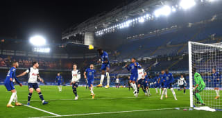 NOVEMBER 29: General view inside the stadium as Tammy Abraham heads the ball clear during the Premier League match between Chelsea and Tottenham Hotspur at Stamford Bridge on November 29, 2020. Sporting stadiums around the UK remain under strict restrictions due to the Coronavirus Pandemic as Government social distancing laws prohibit fans inside venues resulting in games being played behind closed doors. 