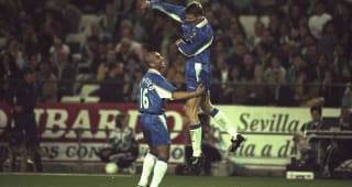 5 Mar 1998:  Roberto Di Matteo and Tore Andre Flo celebrate during the European Cup Winners Cup match against Real Betis BalompiT at the Benito Villamarfn Stadium in Seville, Spain. Chelsea won the match 2-1. \ 