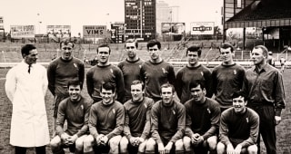 Chelsea Football Club at Stamford Bridge in London on 19th May 1967.  Back row, left to right:  Harry Medhurst (trainer), Joe Kirkup, Ron Harris, Marvin Hinton, Peter Bonetti, John Hollins, Eddie McCreadie and Tommy Docherty (manager); front row, left to right:  Bobby Tambling, Charlie Cooke, Allan Harris, Tommy Baldwin, Tony Hately and John Boyle.  