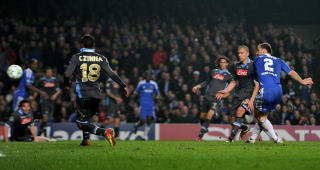 MARCH 14:  Branislav Ivanovic scores his team's fourth goal during the UEFA Champions League round of 16 second leg match between Chelsea FC and SSC Napoli Stamford Bridge on March 14, 2012.  