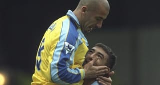 12 Oct 1996:  Gianluca Vialli takes the plaudits from teammate Roberto Di Matteo after scoring a goal  during the FA Carling Premier league match between Leicester City and Chelsea at Filbert Street in Leicester.  Chelsea went onto win the match by 1-3.  