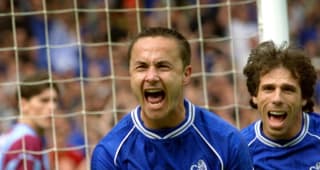  captain Dennis Wise (C) runs towards the fans followed by Gianfranco Zola after Wise thought he's scored during the second half of the FA Cup final at Wembley 20 May. Wise's goal was disallowed but Chelsea later scored through Roberto Di Matteo defeating Aston Villa 1-0.   ELECTRONIC IMAGE 