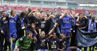 BOLTON, APRIL 30:  Chelsea players celebrate winning the Premiership after victory over Bolton Wanderers in the Barclays Premiership match at the Reebok Stadium on April 30, 2005 