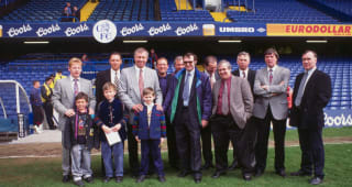 Wednesday Chelsea players line-up with sponsors, inc (L-R) Tommy Langley, Peter Osgood, Tommy Baldwin, Alan Hudson,Steve Finnieston, Marvin Hinton, Ian Hutchinson and Ron Harris...