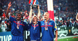 Chelsea players Marcel Desailly, Didier Deschamps and Frank LeBoeuf , celebrate winning the European Championships. , France 2 v Italy 1 (on golden goal), 2nd July, 2000 