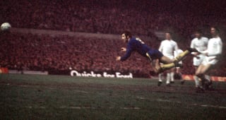 1970 FA Cup Final Replay, Old Trafford, 29th April, 1970, Chelsea 2 v Leeds United 1, Peter Osgood scores his side's first goal with a diving header  