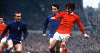 Saturday Football, 1970+s, Manchester United+s George Best in action for United against Chelsea watched by Ron