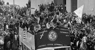 22nd May 1971, The triumphant Chelsea football team parade the European Cup-Winners Cup in Kings Road in front of their fans, after beating Real Madrid 2-1 in a replay in Athens  