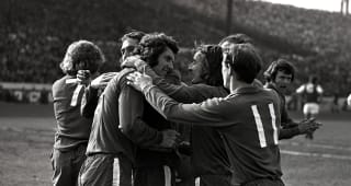 17th March, 1973, Peter Osgood is congratulated by l/r, Marvin Hinton (6), Steve Kember (10) and Peter Houseman (11) after he had scored the 1st, goal in the FA Cup 5th, round match v Arsenal at Stamford Bridge  