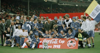 Tuesday MARCH 29: Chelsea line up for a group photo after winning the Coca Cola League Cup Final against Middlesbrough at Wembley Stadium on March 29, 1998.