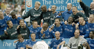 Chelsea line up for a group photo after winning the FA Charity Shield against Manchester United at Wembley Stadium on May 13, 2000. 