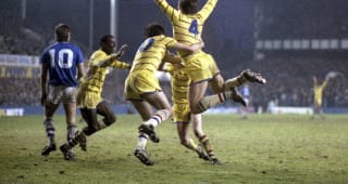 DECEMBER 22:  Colin Pates celebrates scoring a goal with his team-mates during the Canon League Division One match between Everton and Chelsea held on December 22, 1984 at Goodison Park. Chelsea won the match 4-3. 