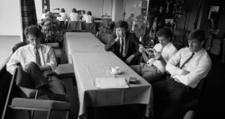 1985:  Chelsea players (from L-R) Pat Nevin, Joe McLaughlin, Colin Lee and Eddie Niedzwiecki relax after their pre-match meal in 1985 at Stamford Bridge. 