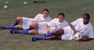 27 Jul 2001:  John Terry, Frank Lampard and William Gallas at the launch of the club's new away kit at Harlington Training Ground in London. 