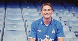 14 Jun 2001:  Frank Lampard poses for the cameras in his new surroundings during the press conference to announce his transfer to Chelsea held at Stamford Bridge. \ 