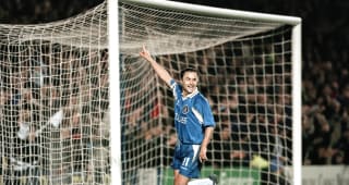 Dennis Wise celebrates after scoring during the UEFA European Cup Winners Cup Quarter-final 1st leg between Chelsea and Valerenga at Stamford Bridge on March 4, 1999. 