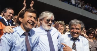 APRIL 28, 1984:  Chelsea Chairman Ken Bates with John Hollins (L) and manager John Neal (R) as they celebrate winning promotion to the First Division after the Canon League Division Two match between Chelsea and Leeds United. Chelsea won the match 5-0. 