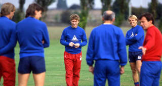 Chelsea FC Training Session, 1985:  Chelsea players Micky Hazard (L) and John Bumstead (R) during a training session held in 1985 at Harlington 