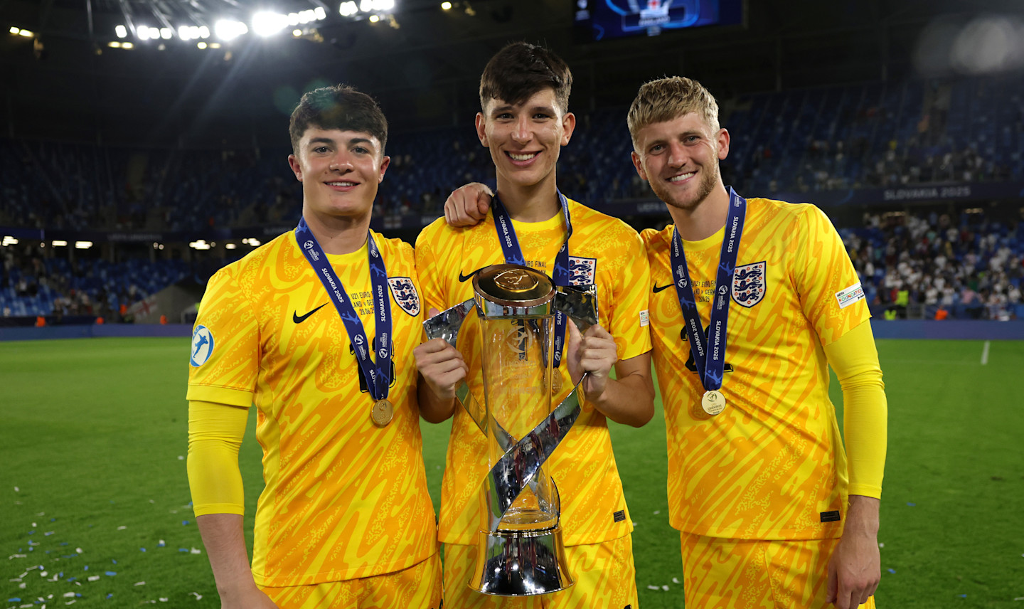 Chelsea goalkeeper Teddy Sharman-Lowe and the England U21 team retain U21 European Championship, beating Germany 3-2