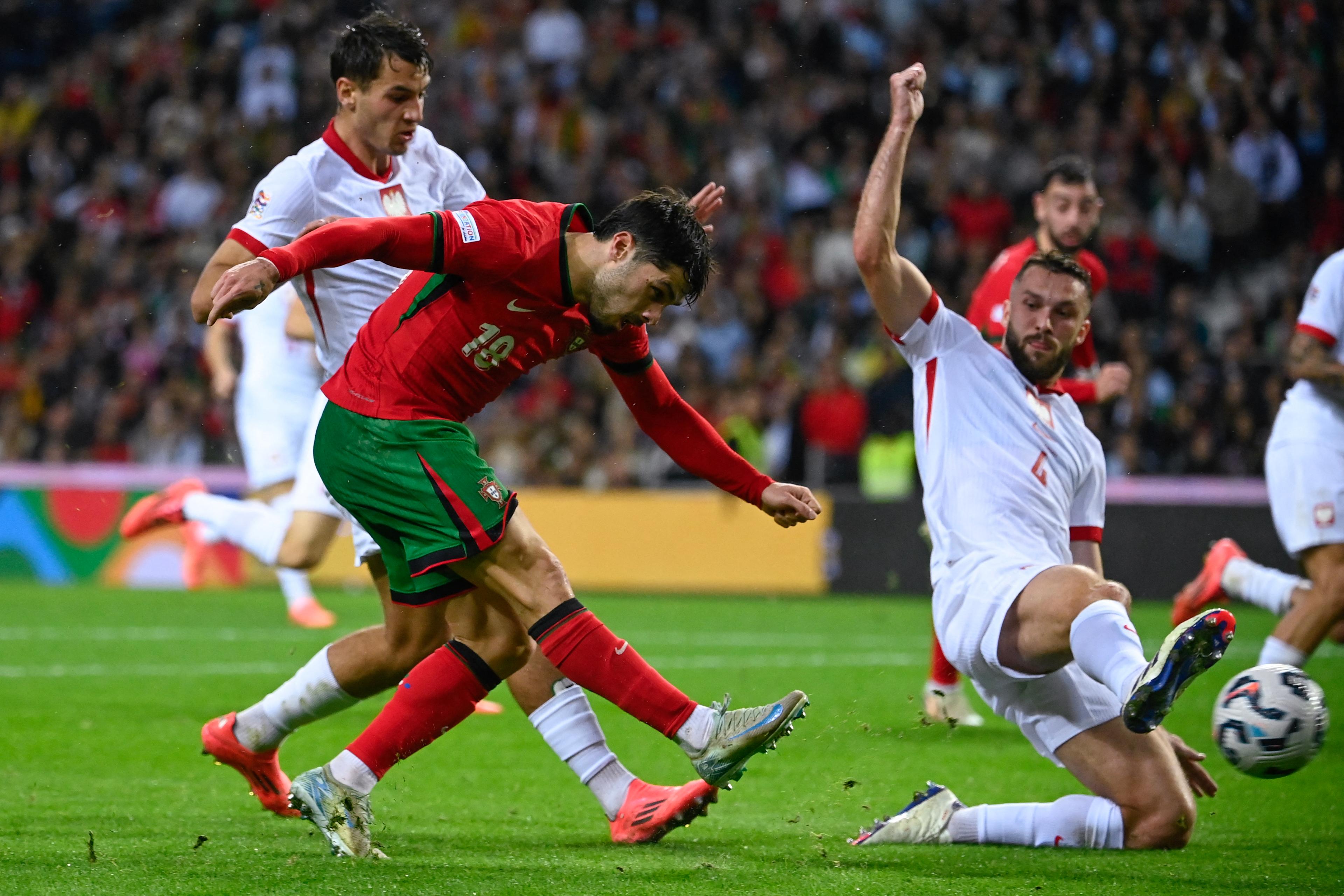 Pedro Neto celebrates scoring for Portugal against Poland in November 2024