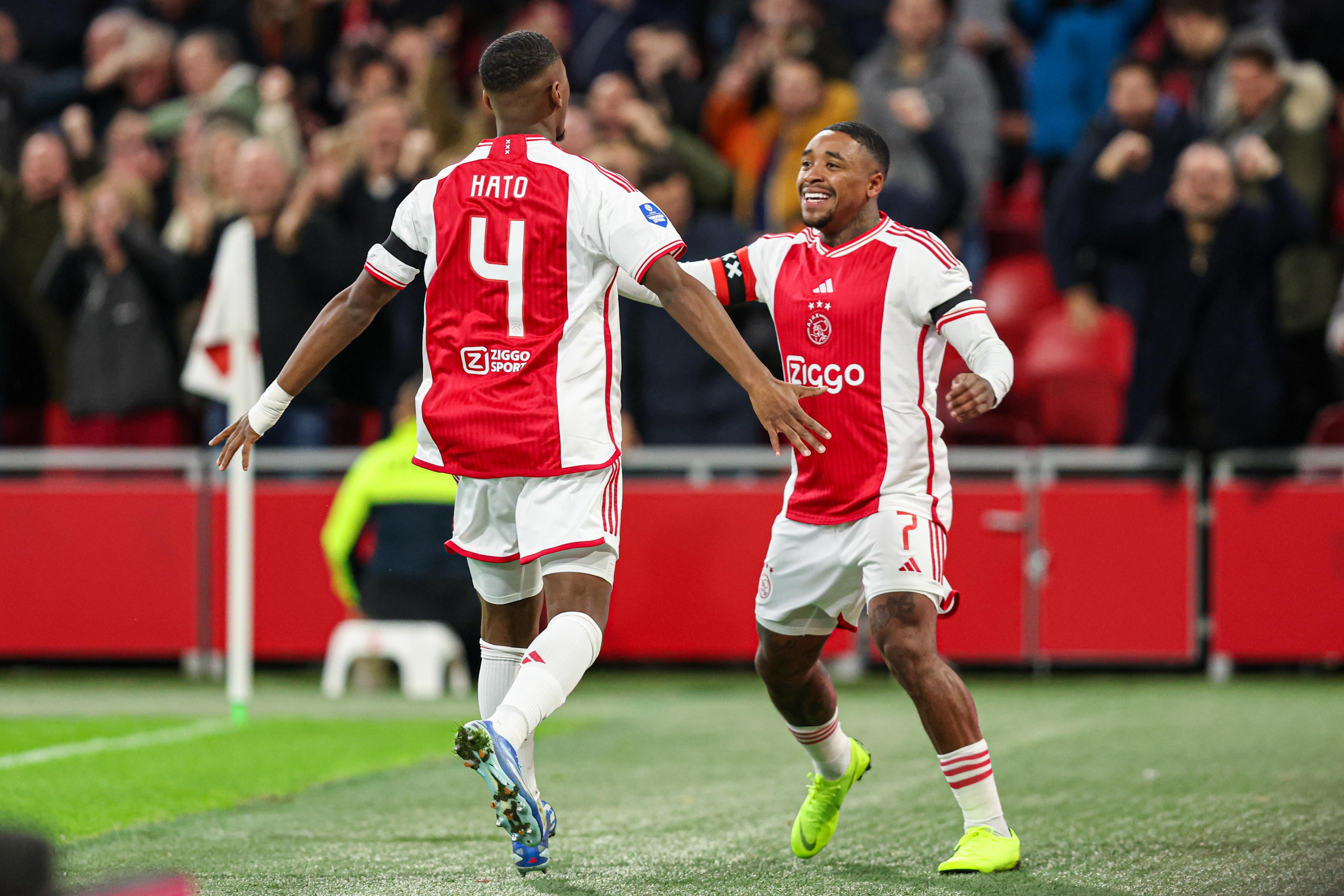 Jorrel Hato celebrates scoring his first senior Ajax goal