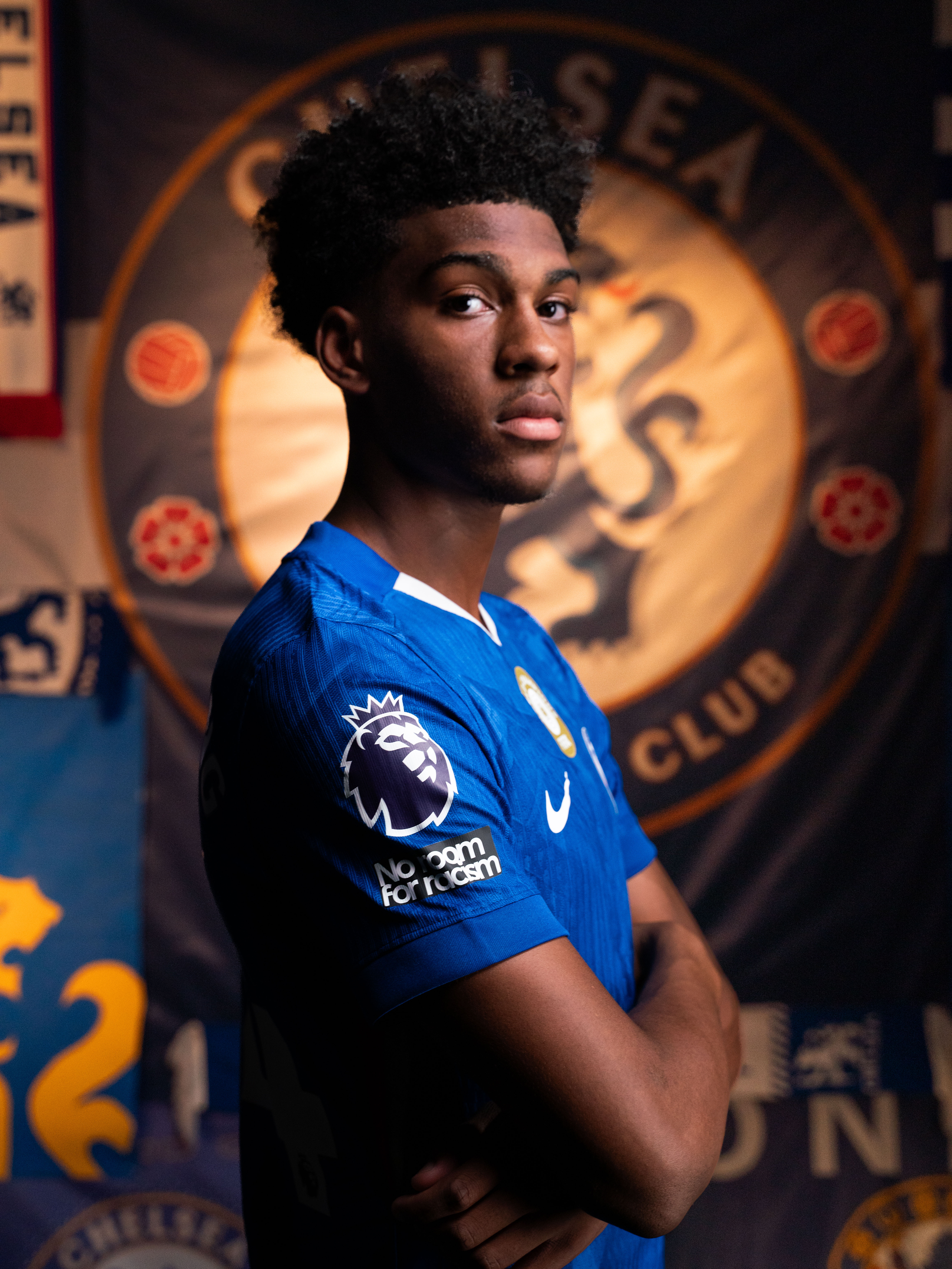 Josh Acheampong poses for a Chelsea media-day portrait
