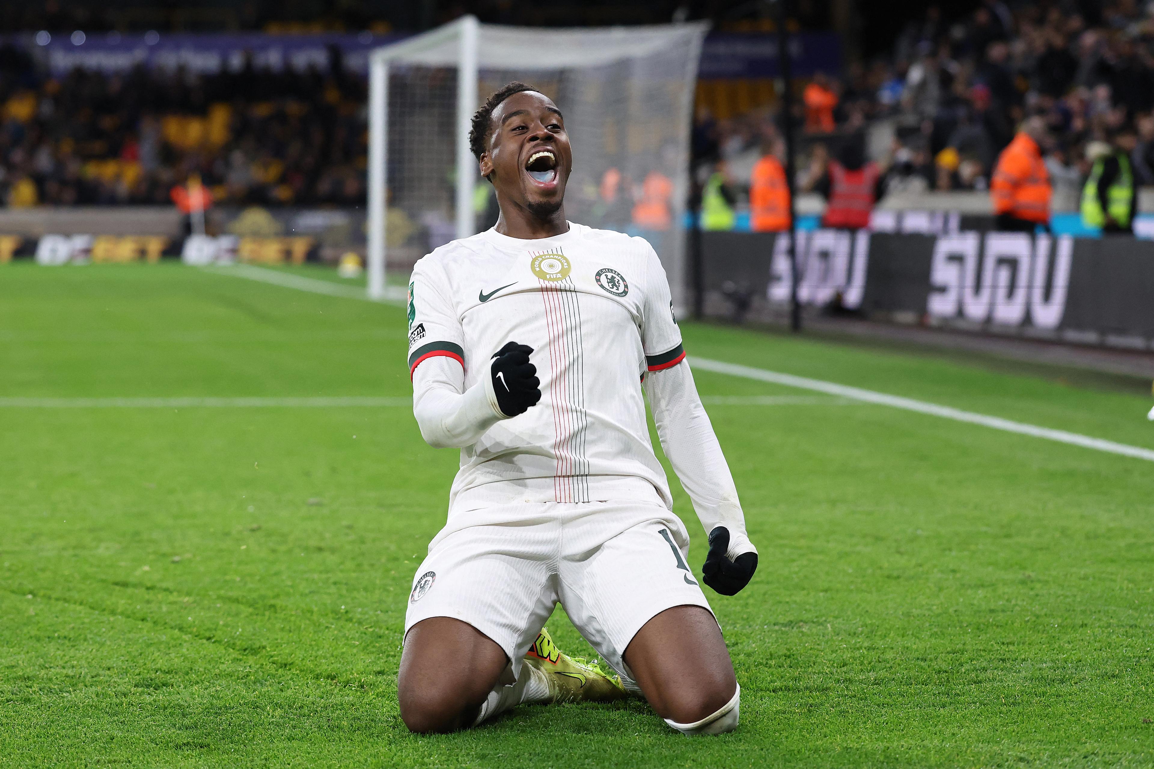 Jamie Gittens celebrates his first Chelsea goal against Wolverhampton Wanderers in October 2025