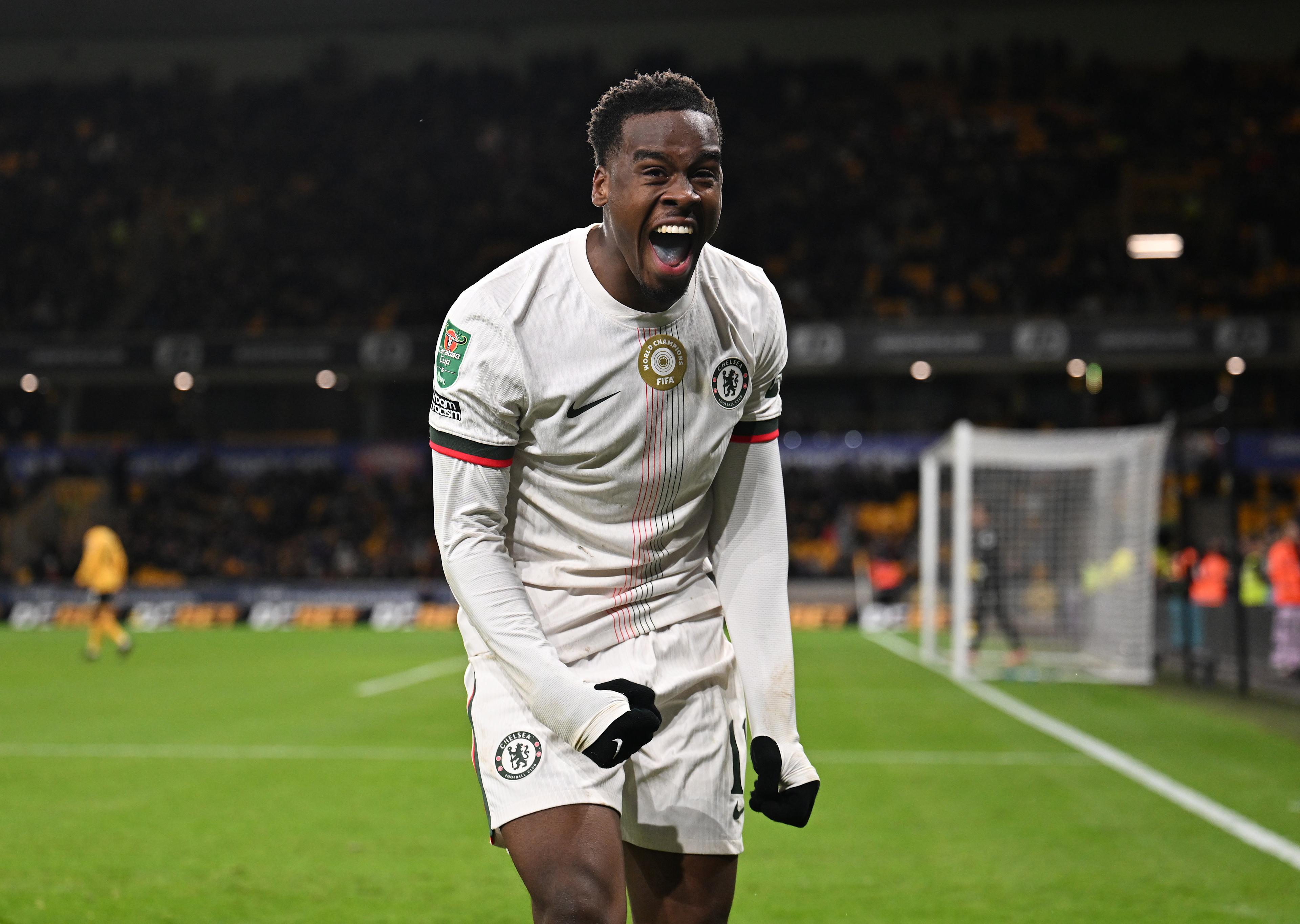 Jamie Gittens strikes the ball for Chelsea against Wolverhampton Wanderers in the Carabao Cup